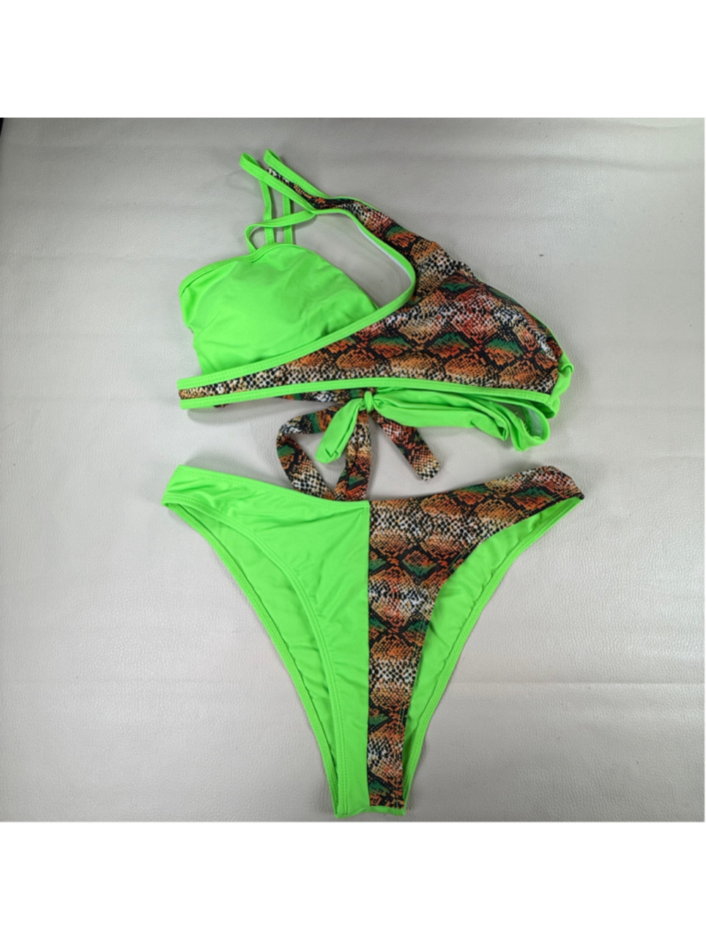 Women’s XL Neon Green Snake Print Bikini Wrap Top High Cut Two Piece Swimsuit